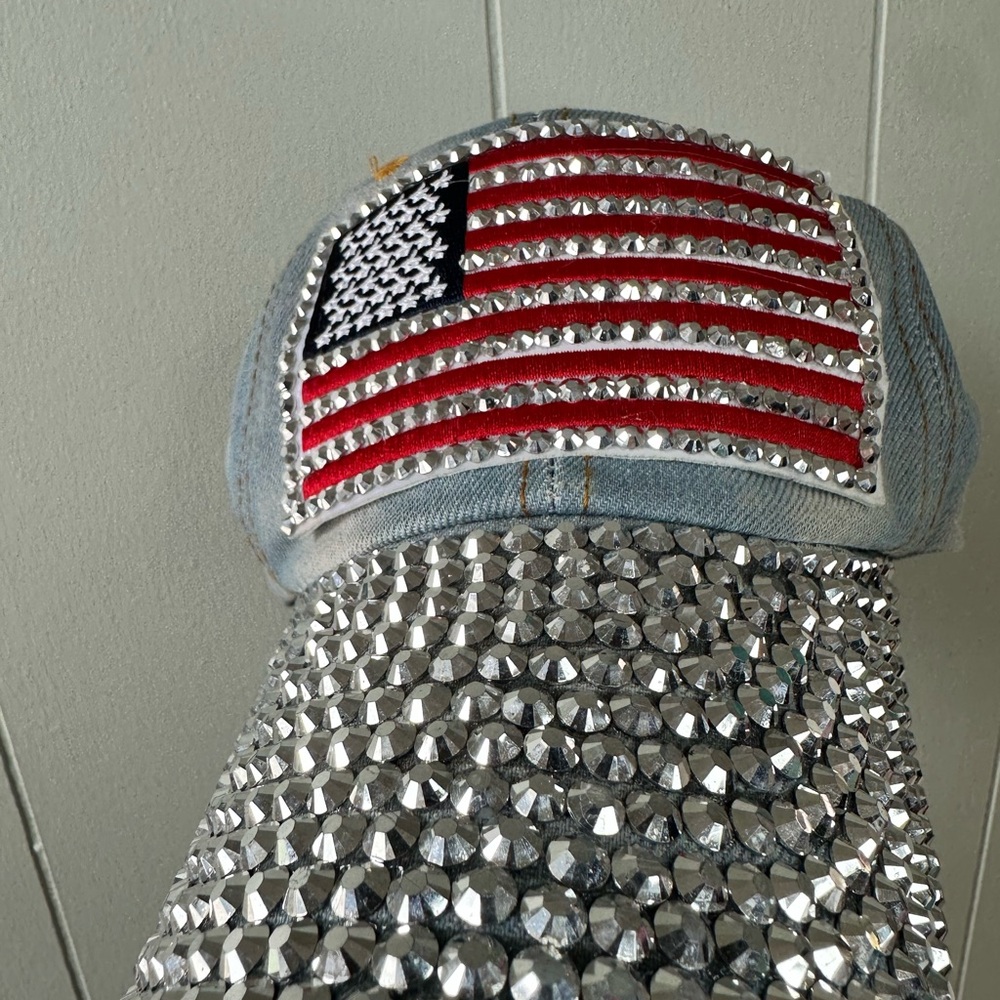 Denim Cap with Rhinestone Flag